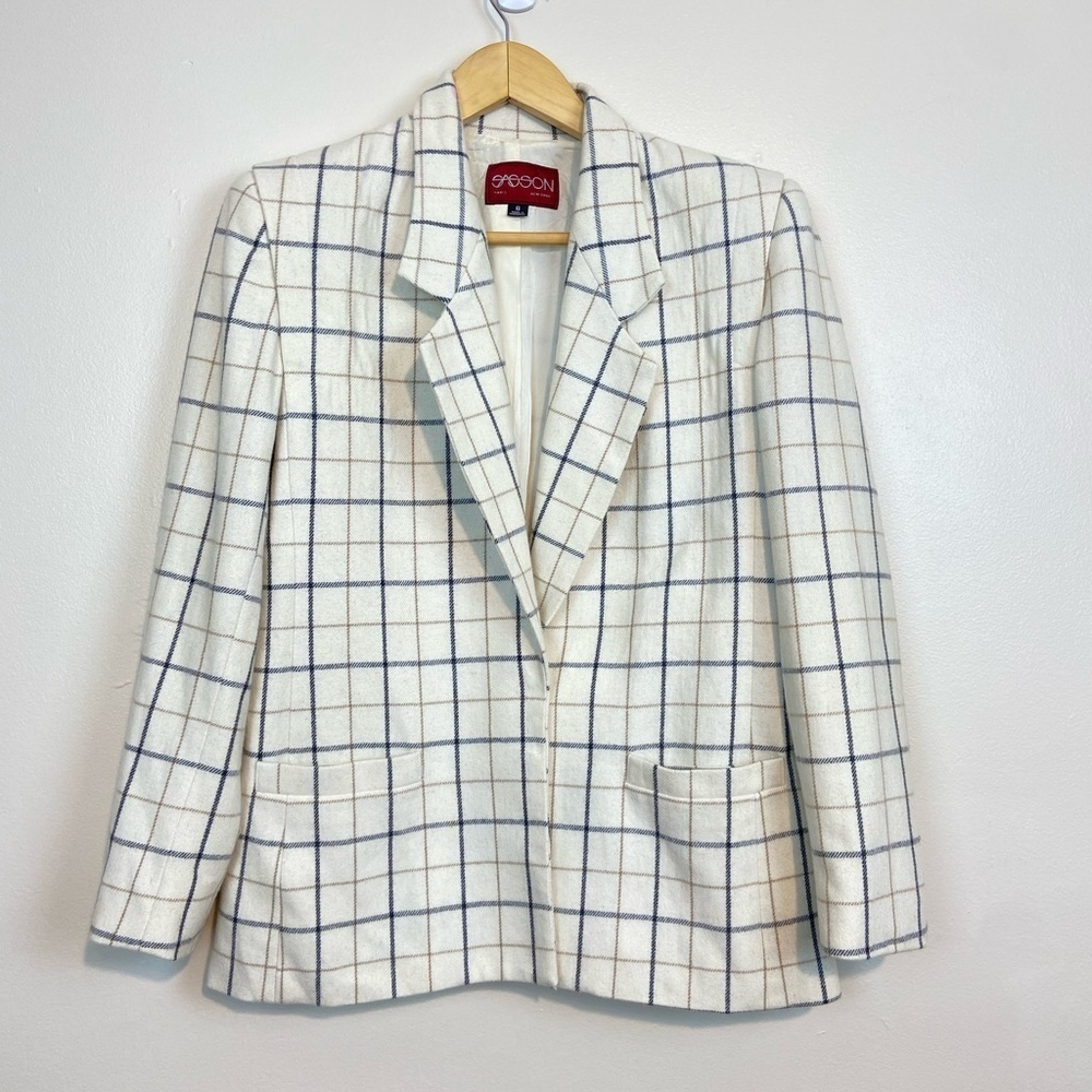 Vintage Sasson Plaid Blazer Cream Wool Blend Windowpane Check Size 6